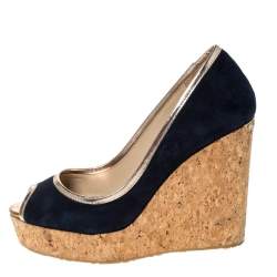Pre Owned Jimmy Choo Blue Suede And Gold Trim Peep Toe 'Papina' Cork Platform Wedges Size 37