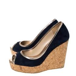 Pre Owned Jimmy Choo Blue Suede And Gold Trim Peep Toe 'Papina' Cork Platform Wedges Size 37