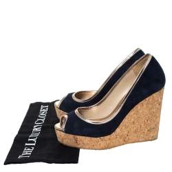 Pre Owned Jimmy Choo Blue Suede And Gold Trim Peep Toe 'Papina' Cork Platform Wedges Size 37