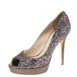Pre Owned Jimmy Choo Metallic Multicolor Coarse Glitter Crown Peep Toe Platform Pumps Size 40