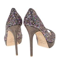 Pre Owned Jimmy Choo Metallic Multicolor Coarse Glitter Crown Peep Toe Platform Pumps Size 40