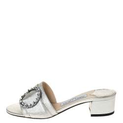 مملوكة مسبقًا Jimmy Choo Silver Leather Granger Buckle Embellished Slide Sandals Size 36