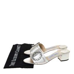 مملوكة مسبقًا Jimmy Choo Silver Leather Granger Buckle Embellished Slide Sandals Size 36
