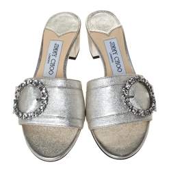 مملوكة مسبقًا Jimmy Choo Silver Leather Granger Buckle Embellished Slide Sandals Size 36