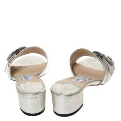 مملوكة مسبقًا Jimmy Choo Silver Leather Granger Buckle Embellished Slide Sandals Size 36