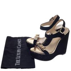Pre Owned Jimmy Choo Black/Gold Suede And Leather Nice Wedge Platform Sandals Size 36