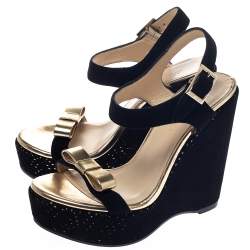 Pre Owned Jimmy Choo Black/Gold Suede And Leather Nice Wedge Platform Sandals Size 36