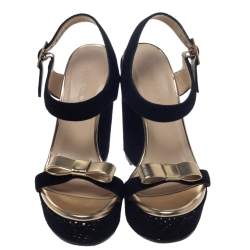 Pre Owned Jimmy Choo Black/Gold Suede And Leather Nice Wedge Platform Sandals Size 36