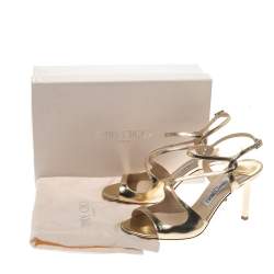 Pre Owned Jimmy Choo Gold Mirror Leather Paxton Cross Strap Sandals Size 37.5