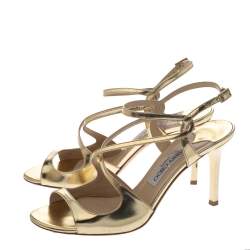 Pre Owned Jimmy Choo Gold Mirror Leather Paxton Cross Strap Sandals Size 37.5