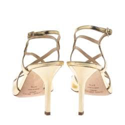Pre Owned Jimmy Choo Gold Mirror Leather Paxton Cross Strap Sandals Size 37.5