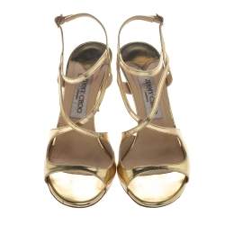 Pre Owned Jimmy Choo Gold Mirror Leather Paxton Cross Strap Sandals Size 37.5