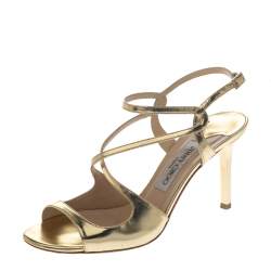 Pre Owned Jimmy Choo Gold Mirror Leather Paxton Cross Strap Sandals Size 37.5