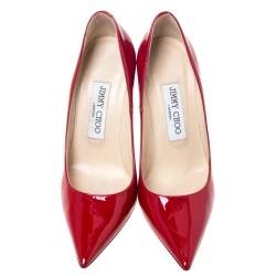 مملوكة مسبقًا حذاء كعب عالي جيمي تشو أنوك مقدمة مدببة جلد لامع أحمر مقاس 35