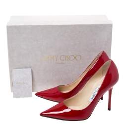 مملوكة مسبقًا حذاء كعب عالي جيمي تشو أنوك مقدمة مدببة جلد لامع أحمر مقاس 35