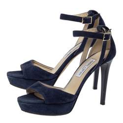Pre Owned Jimmy Choo Blue Suede Leather April Cross Strap Platform Sandals Size 38.5