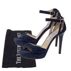 Pre Owned Jimmy Choo Blue Suede Leather April Cross Strap Platform Sandals Size 38.5
