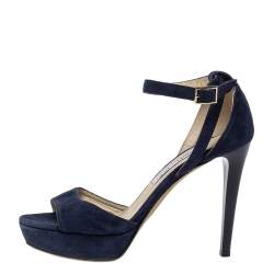 Pre Owned Jimmy Choo Blue Suede Leather April Cross Strap Platform Sandals Size 38.5