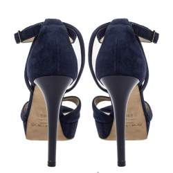 Pre Owned Jimmy Choo Blue Suede Leather April Cross Strap Platform Sandals Size 38.5