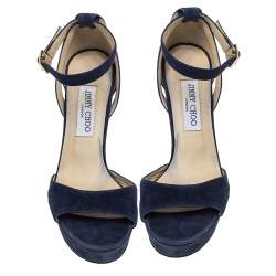 Pre Owned Jimmy Choo Blue Suede Leather April Cross Strap Platform Sandals Size 38.5