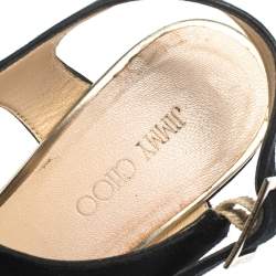 Pre Owned Jimmy Choo Black Perforated Suede and Gold Leather Nice Wedge Bow Sandals  Size 38