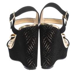 Pre Owned Jimmy Choo Black Perforated Suede and Gold Leather Nice Wedge Bow Sandals  Size 38