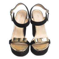 Pre Owned Jimmy Choo Black Perforated Suede and Gold Leather Nice Wedge Bow Sandals  Size 38
