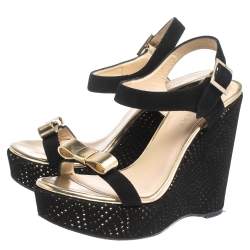 Pre Owned Jimmy Choo Black Perforated Suede and Gold Leather Nice Wedge Bow Sandals  Size 38