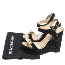 Pre Owned Jimmy Choo Black Perforated Suede and Gold Leather Nice Wedge Bow Sandals  Size 38