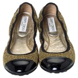 Pre Owned Jimmy Choo Metallic Gold Lamè and Black Patent Leather Winnie Cap Toe Scrunch Ballet Flats Size 38