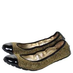 Pre Owned Jimmy Choo Metallic Gold Lamè and Black Patent Leather Winnie Cap Toe Scrunch Ballet Flats Size 38