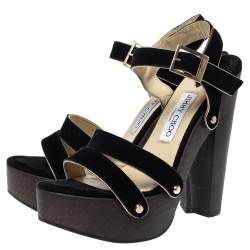 Pre Owned Jimmy Choo Black Suede Wooden Platform Ankle Strap Sandals Size 38