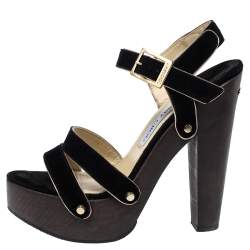 Pre Owned Jimmy Choo Black Suede Wooden Platform Ankle Strap Sandals Size 38