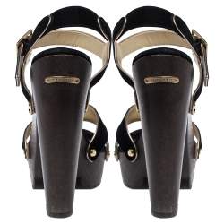 Pre Owned Jimmy Choo Black Suede Wooden Platform Ankle Strap Sandals Size 38