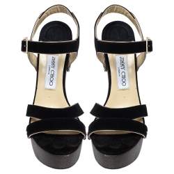 Pre Owned Jimmy Choo Black Suede Wooden Platform Ankle Strap Sandals Size 38