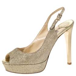 Pre Owned Jimmy Choo Metallic Gold Glitter Fabric Verity Peep Toe Platform Slingback Sandals Size 35
