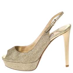 Pre Owned Jimmy Choo Metallic Gold Glitter Fabric Verity Peep Toe Platform Slingback Sandals Size 35