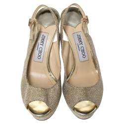 Pre Owned Jimmy Choo Metallic Gold Glitter Fabric Verity Peep Toe Platform Slingback Sandals Size 35