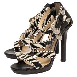 Pre Owned Jimmy Choo Monochrome Zebra Print Pony Hair And Leather Trim Maddox Sandals Size 37.5
