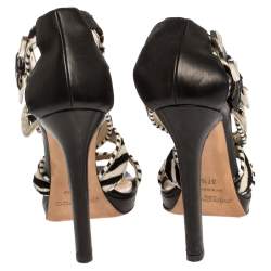 Pre Owned Jimmy Choo Monochrome Zebra Print Pony Hair And Leather Trim Maddox Sandals Size 37.5