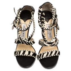 Pre Owned Jimmy Choo Monochrome Zebra Print Pony Hair And Leather Trim Maddox Sandals Size 37.5