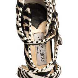 Pre Owned Jimmy Choo Monochrome Zebra Print Pony Hair And Leather Trim Maddox Sandals Size 37.5