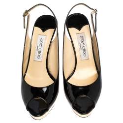 Pre Owned Jimmy Choo Black Patent Nova Peep Toe Platform Slingback Sandals Size 38
