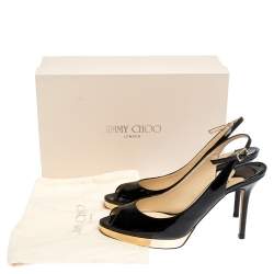 Pre Owned Jimmy Choo Black Patent Nova Peep Toe Platform Slingback Sandals Size 38