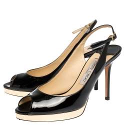 Pre Owned Jimmy Choo Black Patent Nova Peep Toe Platform Slingback Sandals Size 38