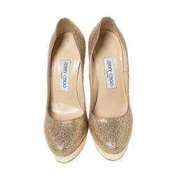 Jimmy Choo Gold Glitter Fabric And Embossed Leather Eros Platform Pumps Size 38