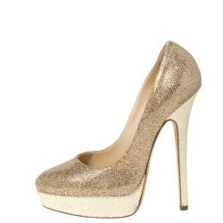 Jimmy Choo Gold Glitter Fabric And Embossed Leather Eros Platform Pumps Size 38
