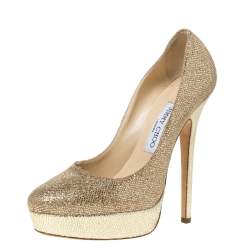 Jimmy Choo Gold Glitter Fabric And Embossed Leather Eros Platform Pumps Size 38