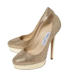Jimmy Choo Gold Glitter Fabric And Embossed Leather Eros Platform Pumps Size 38