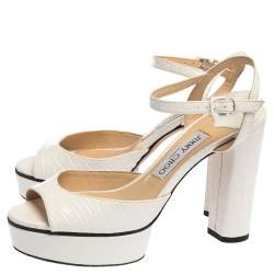 Pre Owned صندل جيمي تشو "بياشي" نعل سميك و سير كاحل جلد ثعبان بارز أبيض مقاس 37